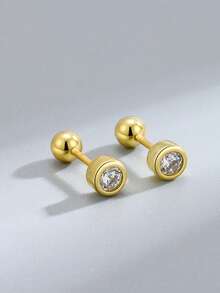 一对S925纯银锆石圆形螺丝耳钉，时尚简约奢华女士耳环，适合作为礼物 - 圓形 - 查看 8