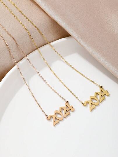 1件不锈钢镀金极简数字2024项链，复古时尚百搭，男女皆宜，适合日常佩戴、派对、情人节、开斋节、节日（OPP袋包装）