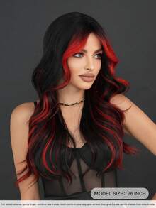 7JHH WIGS Tóc giả dài màu đỏ đen gợn sóng nổi bật dành cho nữ, rẽ ngôi giữa, tóc xoăn với mái rẽ, sợi tổng hợp tự nhiên chịu nhiệt, thích hợp cho các lễ hội âm nhạc, tiệc tùng, Halloween, cosplay, dài 26 inch. - Đánh dấu màu đỏ - Xem 5