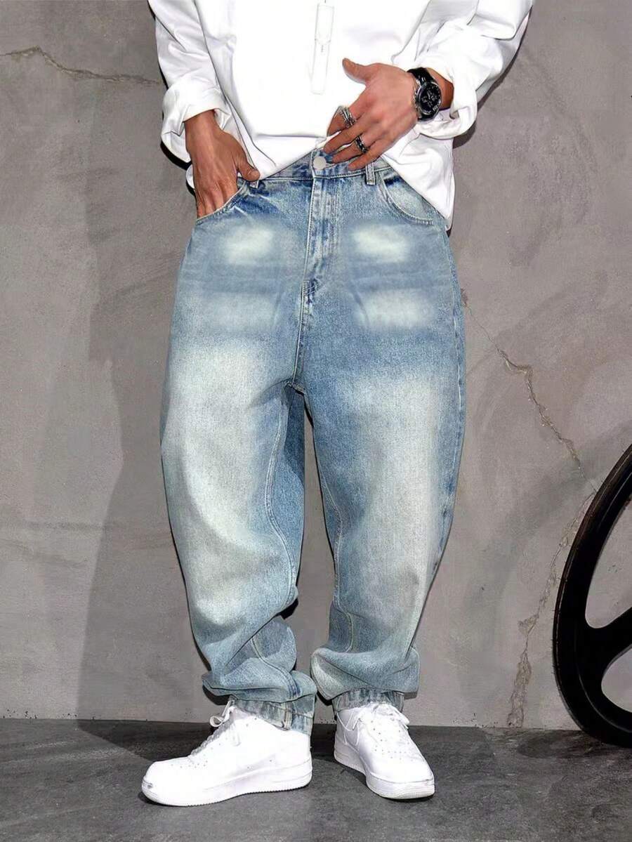 男士复古美式水洗浅蓝色宽松直筒牛仔裤 - 淺色水洗藍 - 查看 1
