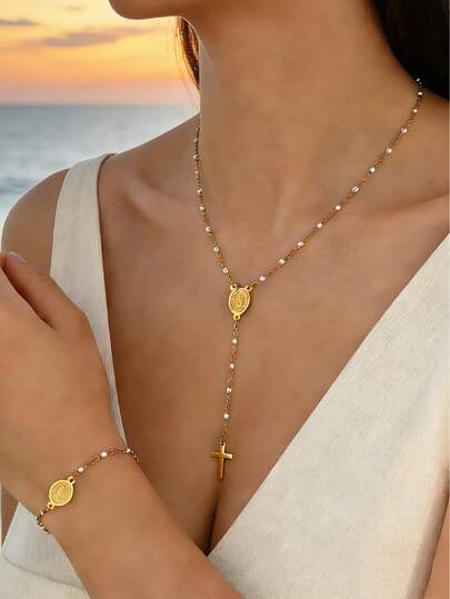 1 Set de 2 piezas de Joyería Estilo Bohemio con Cuentas para Mujer, Collar en Y con Borla en Forma de Cruz y Pulsera, Joyería Encantadora, Joyería de Fiesta, Regalo Delicado para Ella