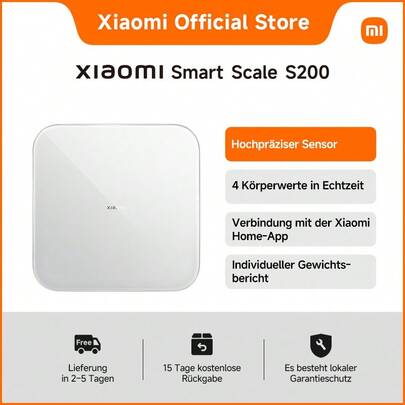  Mi Smart Scale S200 - Hochpräziser Sensor Erkennt Selbst Kleinste Gewichtsveränderungen | Neue Waage von Xiaomi | 4 Gesundheitsmetriken auf Einmal | Balancetest zur Prüfung des Gleichgewichts | Hochwertiges Design Passt zu Verschiedenen Einrichtungsstilen | Glatte Oberfläche | Abgerundete Kanten | Gewölbte Unterseite