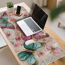Ying Mouse Pad Desk Pad Computer Pad 2D Flat XXL XL L M Super Big Large Gaming Mouse Pad Vintage Butterfly & Pink Rose Gaming Mouse Pad, Large Aesthetic Desk Pad With Golden Embellishments, Floral Computer Mouse Mat For Office, 2D Flat, Diatom Mud Mouse Pad 100% Polyester High-Tech Fabric Non-Slip Home Office - 彩色 - 查看 3