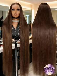 200% Density Straight 13*4 Full Lace Front Wig, Black Brazilian Virgin Hair Hairline, HD Transparent Pre-Trimmed Natural Hairline 5*5 No Glue Pre-Plucked Wig, #4 Brown Mixed Hair Natural Look Elegant Daily Wear Versatile Hair Accessory - Brown - View 1