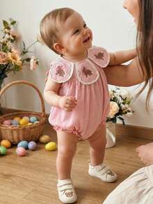 Baby Girls Rompers Easter Clothes Bunny Embroidered Crew Neck Sleeveless Infant Bodysuits Jumpsuits - Rosa - Ver 6