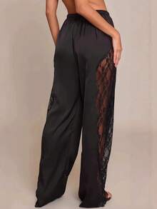 Women's Sexy Lace Patchwork Satin Loose Pants, Solid Color Woven Fabric With Lace Splice, Suitable For Party, Date, Stage And Concert In Summer Black - Black - View 4
