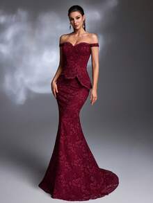 Váy dạ hội đuôi cá trễ vai ren hoa màu đỏ rượu vang thanh lịch cổ điển - Màu Đỏ Sâu - Xem 6