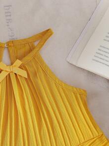 Conjunto de 2 piezas para niñas bebé con top de tirantes finos de unicolor con volantes y lazo, y pantalones rectos, adecuado para salidas diarias en primavera/verano - Amarillo - Ver 6