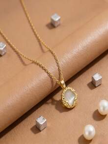 1pc Stainless Steel INS Style Luxury Cat Eye Stone Pendant Necklace, Gold Braided Edge Round Plate Delicate Minimalist Necklace, Suitable For Daily, Commute, Date, Party Wear, Unique Elegant Choker Necklace, Fashion Jewelry (OPP Bag Packaging) - Gold - View 4