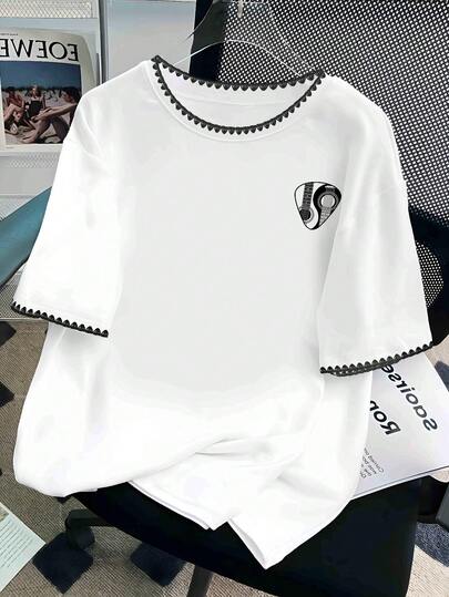 Plus Size White Round Neck Short Sleeve Women's Fashion T-Shirt - Soft And Breathable, Suitable For Summer And Spring, Casual, Vacation, Daily Wear - Plus Size Women's Regular Clothing Printed T-Shirt