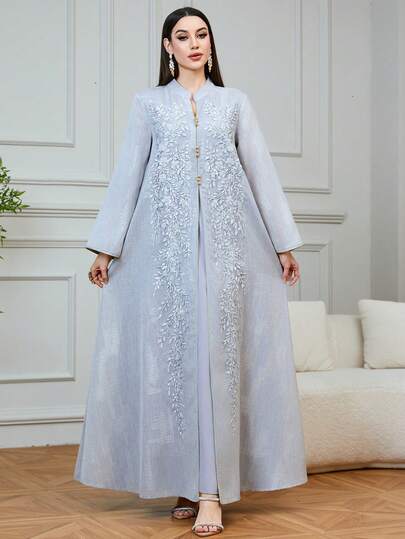 Elegant Women's Ramadan New Long Knitted Robe With Floral Beaded Embellishment, Suitable For Eid Celebration, Home, Date, And Daily Wear