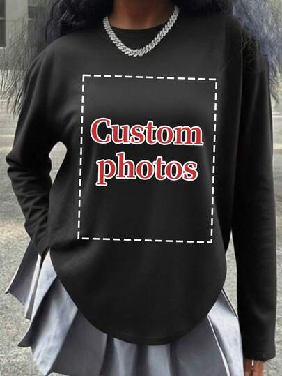 Plus Size Custom Women's Long-Sleeve T-Shirt - Customizable With Front And Back Designs, Add Your Favorite Photos And Text (Girlfriend Photos/Couple Photos/Family Photos/Selfies/Pet Photos/Friend Photos), Design Your Own Personalized Printed T-Shirt, Perfect For (Anniversaries/Proposals/Engagements/Couple Anniversaries), Stylish Spring Street Casual Style. Black