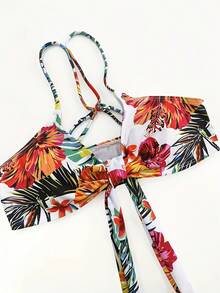 Women's 3-Piece Summer And Beachwear Set, Includes Push-Up Bra Top With Scarf, High-Waisted Panties, And Chiffon Dress With Random Print, Stylish Bikini Swimsuit - 白綠色 - 查看 6