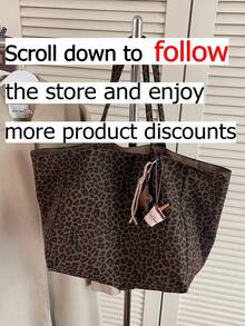 Bolso Tote de Gran Capacidad con Diseño Marrón, Gancho Externo para Taza de Café, Parte Superior con Estampado de Leopardo, Doble Correa para el Hombro y Llavero - Marrón - Ver 2
