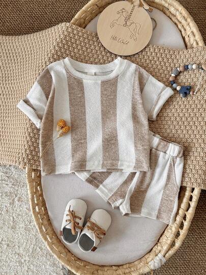 2pcs/Set Baby Boys/Girls Casual Brown Striped Towel Fabric Short Sleeve T-Shirt + Shorts, Summer