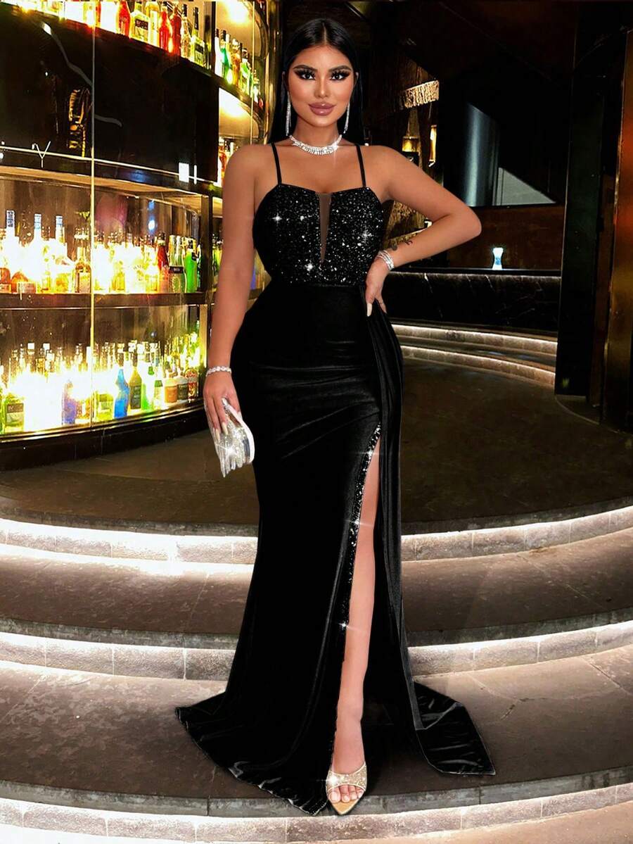 CHOSMO 大码女士优雅派对成熟浪漫简约露背亮片拼接吊带连衣裙，适合海滩、晚宴约会、婚礼、派对、生日、周年纪念、毕业典礼、家庭度假、鸡尾酒会、音乐节、正式晚宴、婚礼宾客、舞会、单人派对、旅行、舞台和音乐会、下午茶、情人节黑色春季