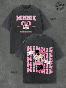 Disney Authorized | Retro Minnie Mouse Mommy T-Shirt -100% Cotton Washed Unisex Short Sleeve Casual Shirt-Machine Washable-Perfect Summer Birthday Gift For Fans-Daily Comfort-Classic Print Durable. - 黑色 - 查看 1