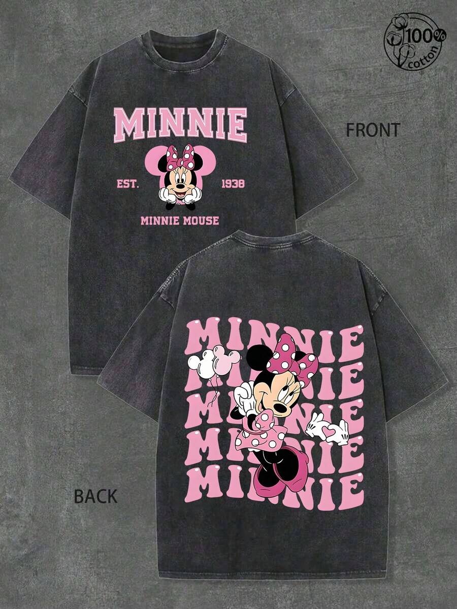 Disney Authorized | Retro Minnie Mouse Mommy T-Shirt -100% Cotton Washed Unisex Short Sleeve Casual Shirt-Machine Washable-Perfect Summer Birthday Gift For Fans-Daily Comfort-Classic Print Durable. - 黑色 - 查看 1