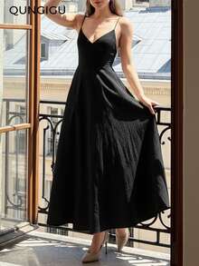 QUNGIGU Women's Elegant V-Neck Midi Dress, Linen Texture A-Line Backless Slip Dress, Suitable For Beach, Wedding, Cocktail Party - Black - View 3