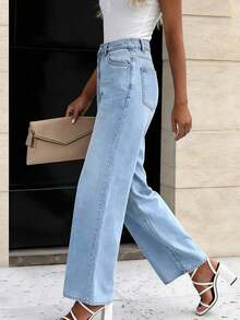 女士无弹力牛仔裤，浅蓝色，直筒宽松版型，带纽扣和口袋 - 淺色水洗藍 - 查看 4