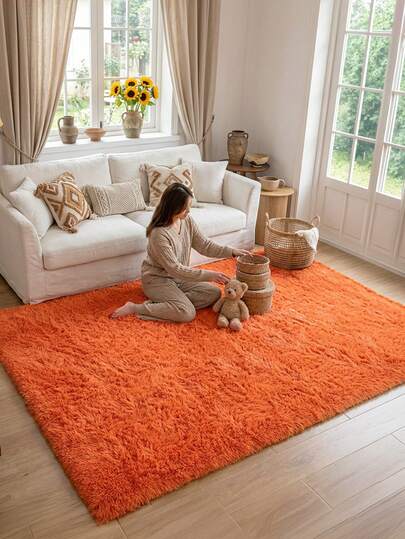 1pc Spring New Living Room Large Carpet, Orange Ins-Style High-End Nordic Solid Wood Fluffy Shaggy Rug, Room Decor Aesthetic Carpet, Gift, Solid Color Home Decor, Holiday Party Spring Festival Father's Day Mother's Day Carpet, Living Room Bedroom Study Hall Corridor Carpet, Soundproof Flooring Easy Maintenance, Suitable For All Seasons