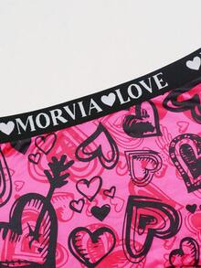 Dircho 1条女士亮粉色涂鸦爱心印花平角短裤，舒适弹力混纺面料，带LOVE字母松紧腰带 - 彩色 - 查看 3