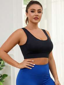 Women Plus Size Sports Bra Fixed Molded Cups High Support Wide Straps V-Neck Backless Workout Yoga Tank Top - Black - View 5