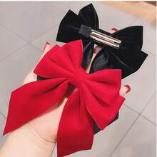 1pc Velvet Big Bow Hair Clip With Ribbon, Red & Black, Ethereal Party Hairstyle Hair Accessory - Multicolor - View 3
