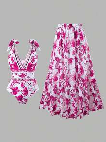 2024 New European And American Women One Piece Swimsuit Set With Long Skirt, Fashionable Slim Sexy Swimwear, For Summer Beach Vacation - 玫紅色 - 查看 2