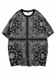 男士休闲度假沙滩腰果印花短袖T恤 - 黑色 - 查看 4