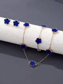 Bộ trang sức 4 món thiết kế hình cỏ ba lá may mắn thanh lịch, thời trang, gồm dây chuyền, vòng tay và bông tai, màu vàng và xanh dương, phù hợp cho phụ nữ đeo hàng ngày, món quà tuyệt vời nhất cho Ngày Valentine, bạn gái, mẹ. - Màu xanh lam - Xem 2
