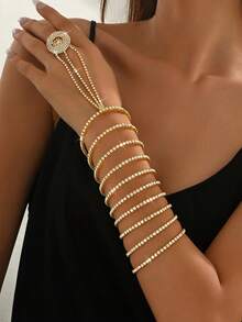 1 pieza Pulsera de cadena para dedo de cristal multicapa de moda, cadena de dedo elástica con strass brillante completa, accesorio de joyería nupcial, regalo - MS274 - Ver 2