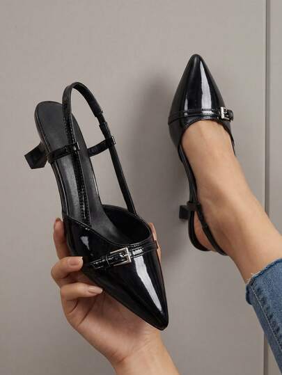 Zapatillas de tacón elegantes para mujer con correas decorativas, zapatos de tacón alto para mujer – Punta fina, diseño ancho cómodo, recubierto brillante con hebilla, estilo slingback moderno y versátil – Tendenci 2026 para oficina, citas y outfits diarios