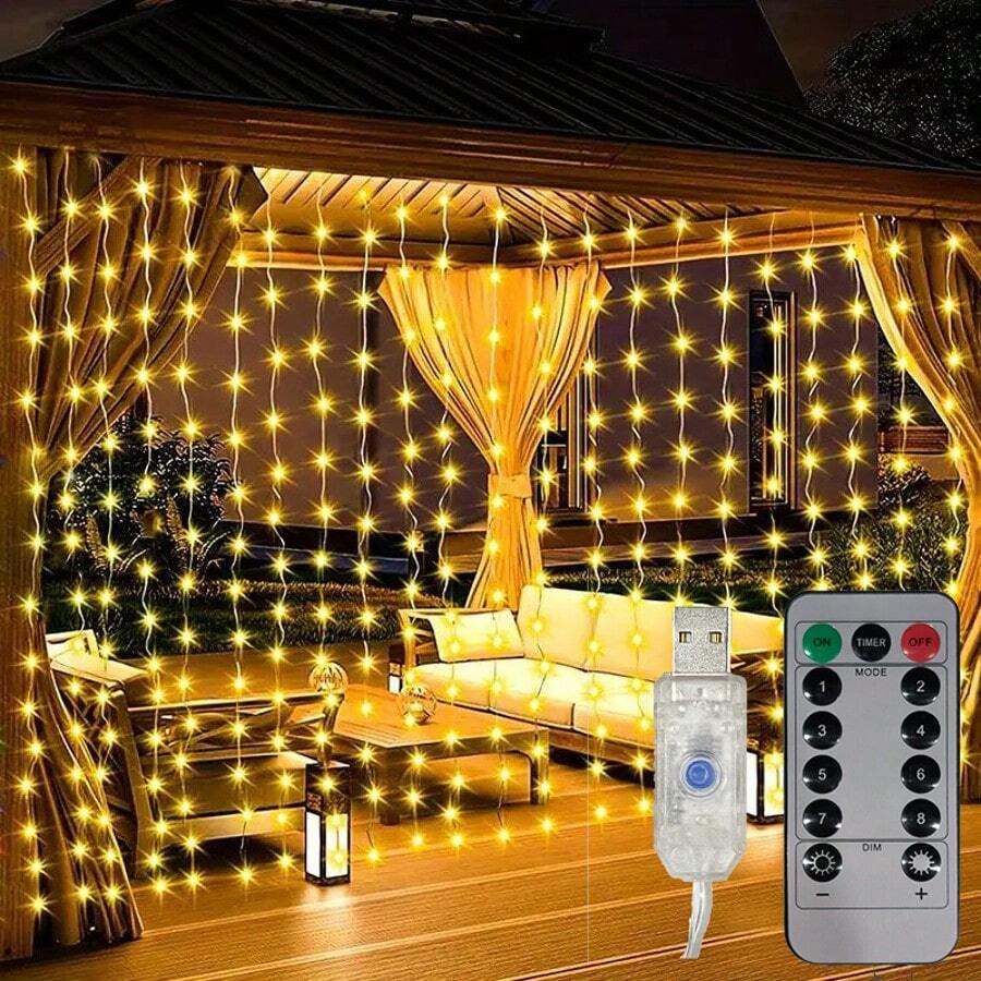 1 pieza Luces de cortina alimentadas por USB, luces de cadena LED cálidas de 8 modos adecuadas para cenador, carpa, fiesta, boda, cumpleaños, habitación, ventana, decoración navideña (pilas del control remoto no incluidas)