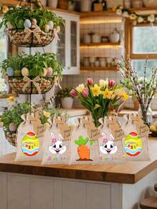 12/6/1pc 13*18cm Easter Gift Bags Printed With Colorful Bunnies, Carrots And Eggs Patterns, Bunny Cards, Drawstring Pouches, Candy Cookie Packaging, Party Favors, Suitable For Spring Theme Parties, Birthday Parties - Multicolor - View 4
