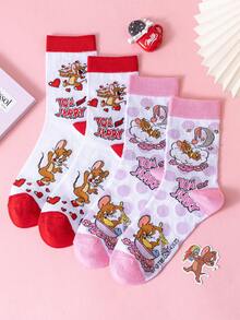 Noctvar OBM Sleepwear X TOM & JERRY 2双猫鼠图案女士短袜，可爱卡通爱心设计短袜，时尚猫鼠图案女士袜，傲娇兔子图案透气休闲男女通用袜，适合学生/成人作为礼物或日常穿着，情侣款 - 彩色 - 查看 3