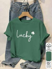 Camiseta de verano casual de 100% algodón con estampado de letra afortunada de San Patricio para mujer, camiseta gráfica, tela suave, ropa de algodón, parte superior para exteriores, estampado impreso, camiseta de verano, camiseta de mujer, parte superior, blusa de verano, atuendo de vacaciones, estilo de viaje, vibra de playa, ropa minimalista para días festivos - Verde - Ver 8