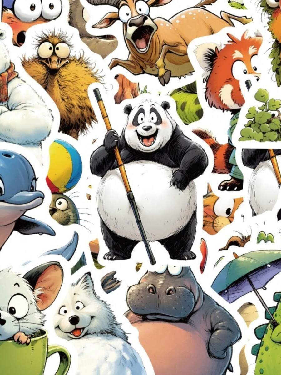 50张趣味卡通动物涂鸦贴纸 - 时尚美观，适用于日记本、手机壳、平板电脑、水瓶、办公桌、行李箱，防水贴纸 - 彩色 - 查看 1