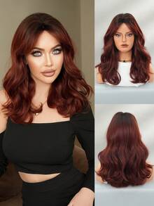 7JHH WIGS Peruka średniej długości w kolorze czerwonego wina, kręcona, dla kobiet, 18 cali, do ramion, falowane peruki z grzywką, ciemne odrosty, naturalna syntetyczna peruka z włókien odpornych na ciepło, dla dziewcząt, do codziennego użytku na imprezy - Burgund - Zobacz 3