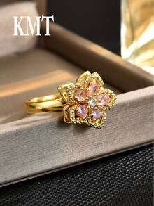 1pc Copper Inlaid Zirconia 5-Petal Flower Rotatable Stress Relief Creative Luxury Fashion Open Ring For Women - Flower Style - View 7