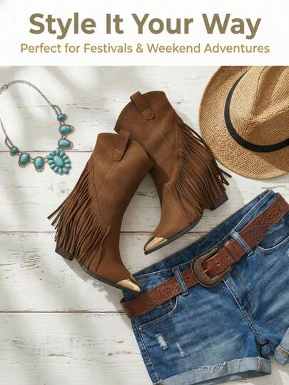 Fashionabla retro westernstövlar med fransdekor och grova höga klackar