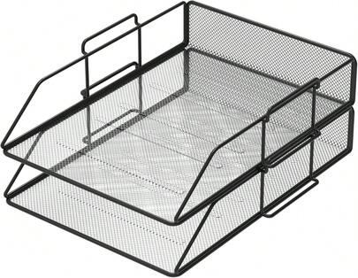 2 Stück Set schwarze Metall-Gitter-Datei-Schale, doppelte Metall-Gitter-Datei-Korb