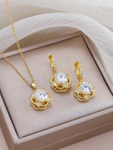 1 Set Exquisite Elegant Micro-Inlaid Zirconia Starburst Necklace And Earrings, Versatile For Daily Wear - Multicolor - View 1
