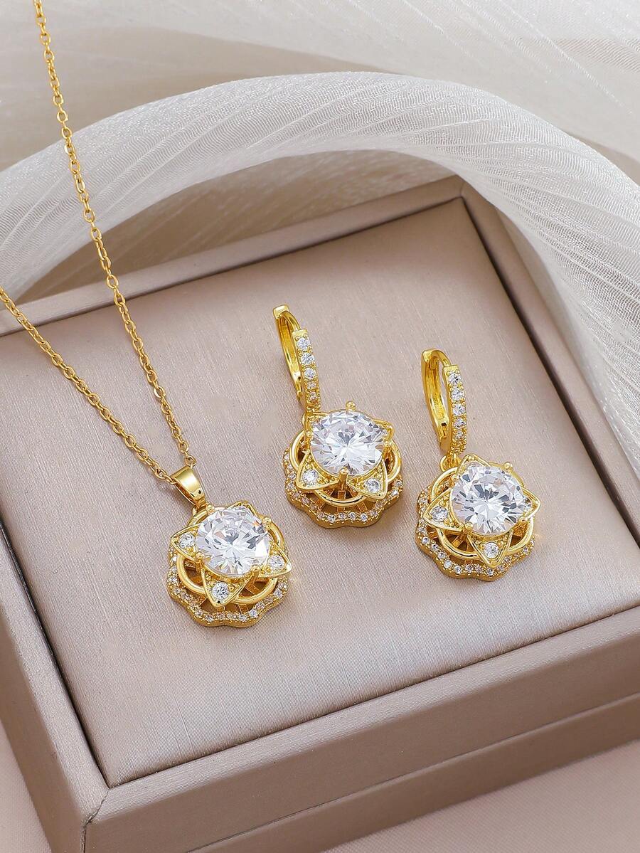 1 Set Exquisite Elegant Micro-Inlaid Zirconia Starburst Necklace And Earrings, Versatile For Daily Wear - Multicolor - View 1