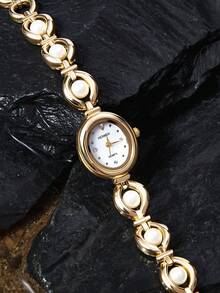 Opalesca 1pc Ladies' Elegant Round Pearl Chain Watch, Oval Metal Case, Fashionable & Graceful Quartz Watch - White - View 3