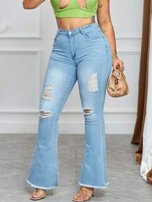 Mid-Rise Hip-Lifting Jeans For Women, With Flared Legs, Zipper Pockets, Sexy Curve-Hugging Flare Leggings, Unprocessed Fed Hem. - 淺色水洗藍 - 查看 6