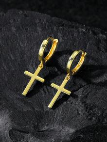 1 Pair Unisex Street Style Cross Pendant Earrings, Minimalist Smooth Surface, Fashion Double Circle Luxury Zirconia Cross Drop Earrings, Unisex Hiphop Versatile Earrings Suitable For Religious, Party, Festival And Daily Wear - Multicolor - View 3