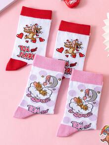 Noctvar OBM Sleepwear X TOM & JERRY 2双猫鼠图案女士短袜，可爱卡通爱心设计短袜，时尚猫鼠图案女士袜，傲娇兔子图案透气休闲男女通用袜，适合学生/成人作为礼物或日常穿着，情侣款 - 彩色 - 查看 8