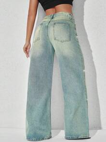 Quần jeans nữ ống rộng cạp thấp màu xanh dương bạc màu, túi xéo, trang trí ngọc trai giả, kiểu dáng thường ngày, thích hợp cho mùa xuân. - Màu xanh Ô liu - Xem 2