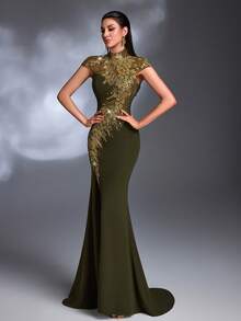 橄榄绿金色羽毛串珠刺绣高领短袖高开衩鱼尾系带奢华复古晚礼服 - 橄欖綠 - 查看 3